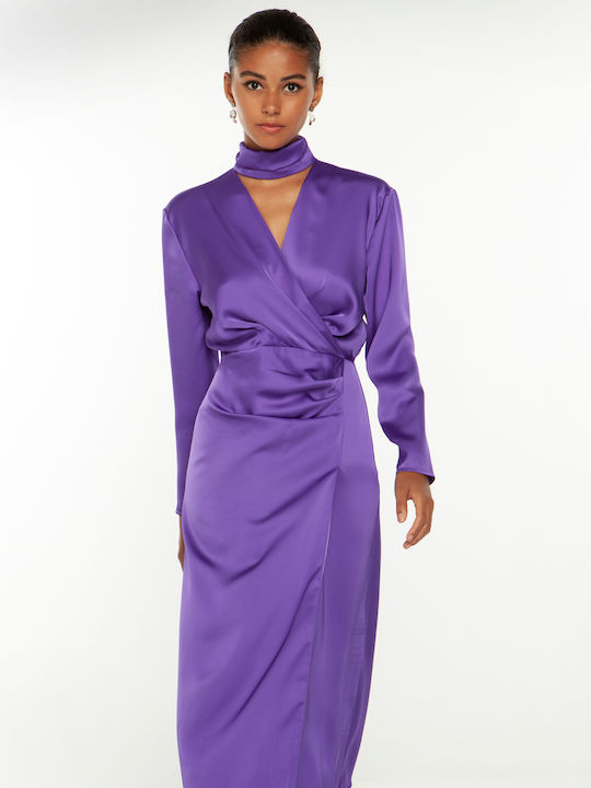 Midi Evening Dress Satin Wrap Purple