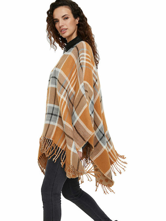 Checks Women's Poncho with Zipper Orange