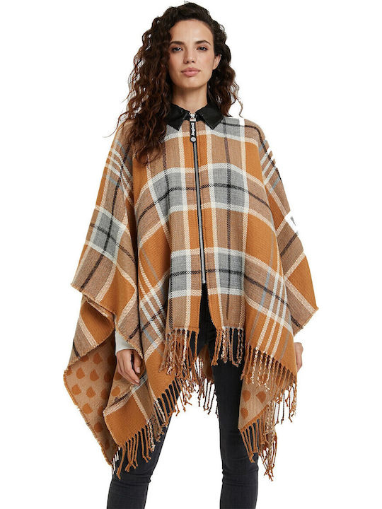 Checks Women's Poncho with Zipper Orange