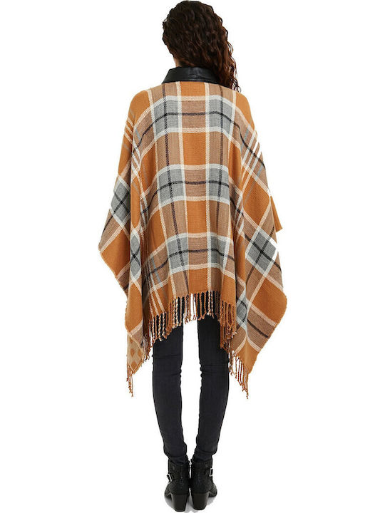 Checks Women's Poncho with Zipper Orange
