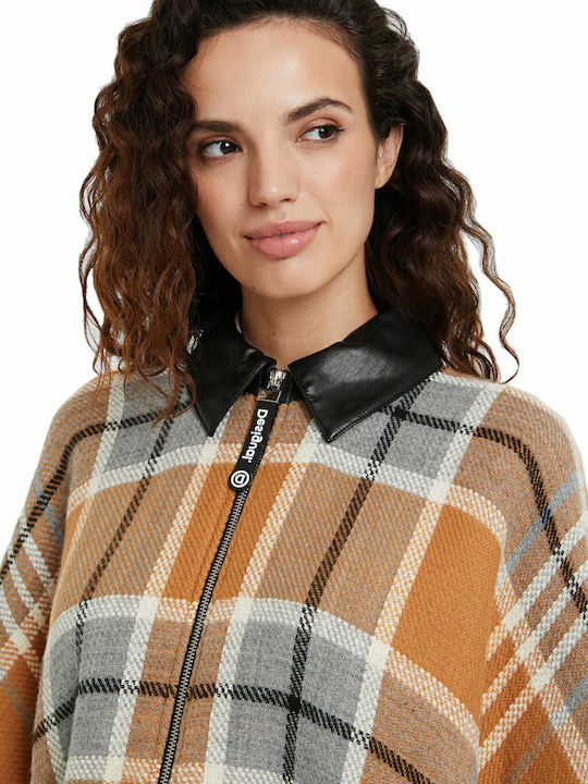 Checks Women's Poncho with Zipper Orange