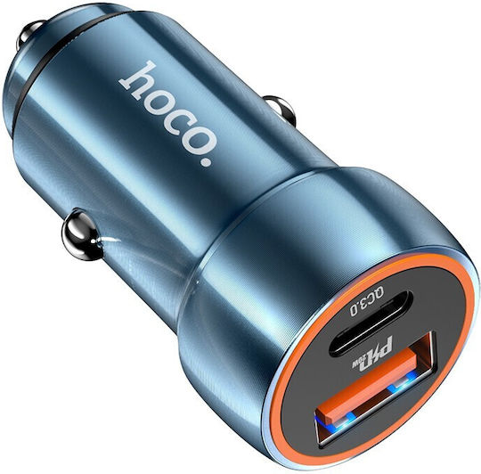 Hoco Z46A Φορτιστής Αυτοκινήτου 18W 3A Γρήγορης Φόρτισης με Θύρες: 1xUSB-A 1xType-C Μπλε Χρώμα