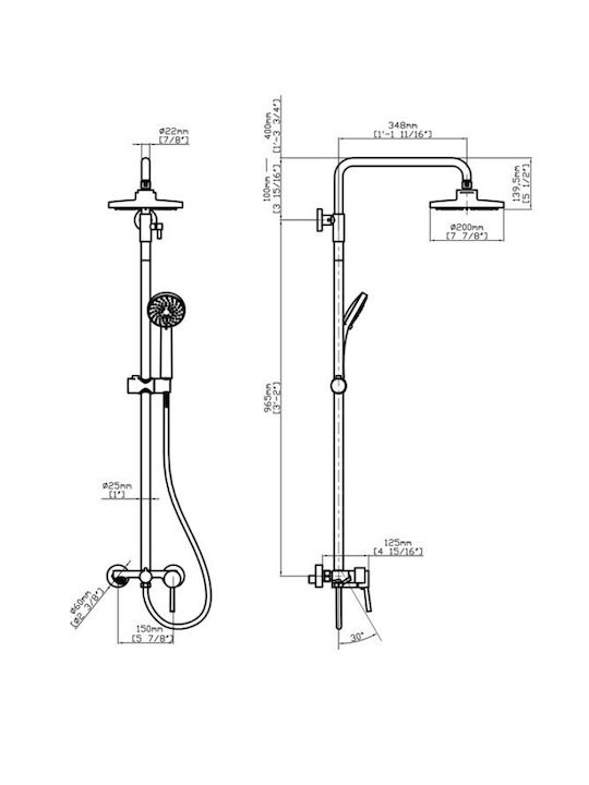 Karag Praxis Artemis Adjustable Shower Column with Mixer 106-136 Gold