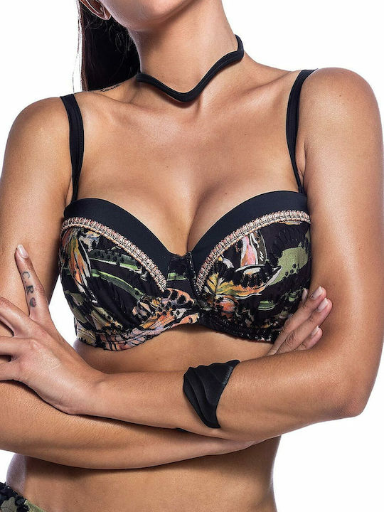 Top Bikini Sutien Cupe D Floral Negru