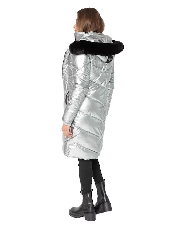 Devergo Women's Long Puffer Jacket for Winter with Hood Silver