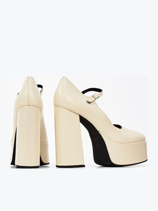 Patent Leather Beige Heels with Strap