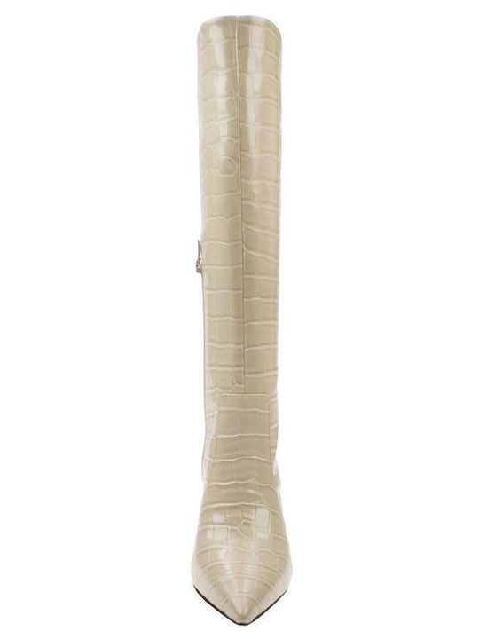Leder Damenstiefel mit mittlerem Absatz Beige Croco