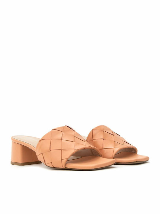 Δερμάτινα Mules με Χοντρό Χαμηλό Τακούνι Salmon