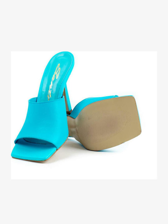 Leather Mules with Thin High Heel in Blue Color