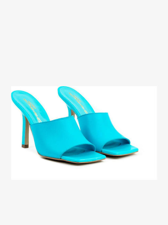 Leather Mules with Thin High Heel in Blue Color