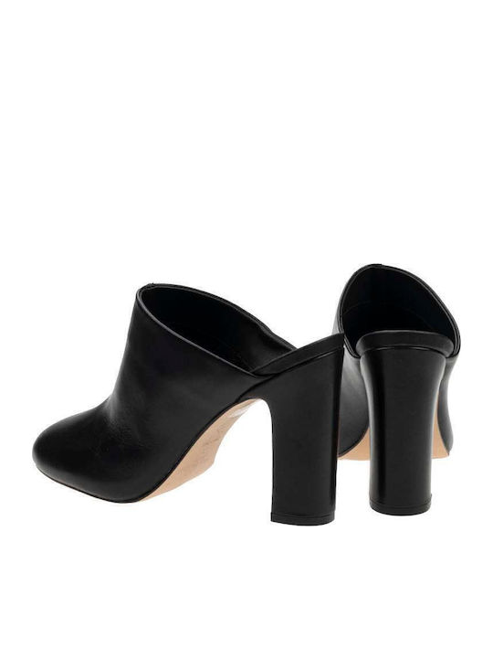 Leather Mules with Chunky High Heel in Black Color