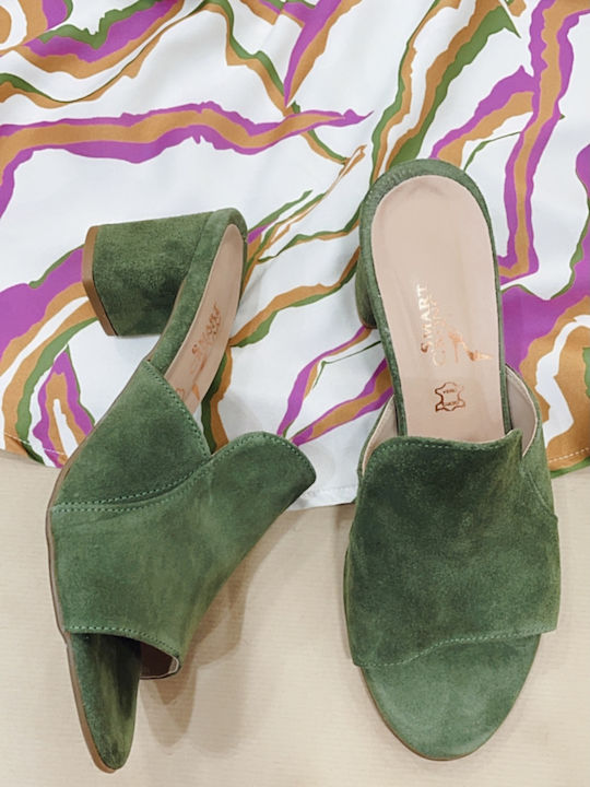 Suede Mules με Χοντρό Ψηλό Τακούνι σε Χακί Χρώμα