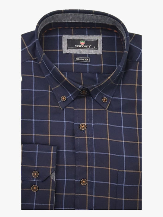 Visconti Men's Shirt Long Sleeve Cotton Checked Navy Blue