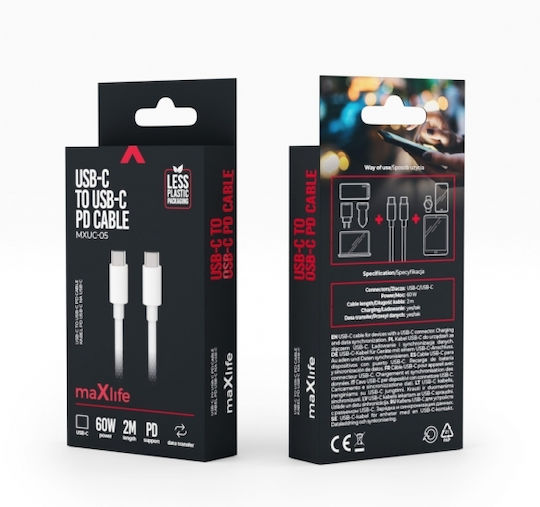 Maxlife USB 2.0 Cable USB-C Male - USB-C 60W White 2m