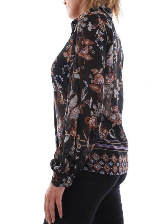 Langärmelig Damen Hemd Schwarz Blumen