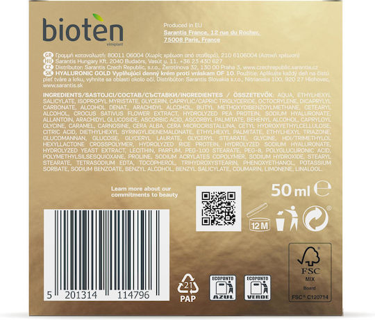 Bioten Gold 24ωρη Κρέμα Προσώπου Ημέρας με SPF10 για Ενυδάτωση & Αντιγήρανση με Υαλουρονικό Οξύ 50ml