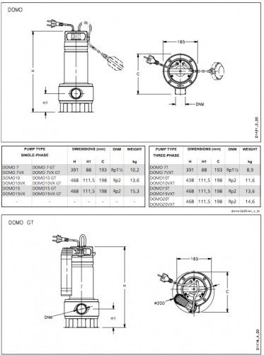 Lowara DOMO 15VX Single-phase Pump Waste Water / Sewage 1.5hp with open type impeller with float