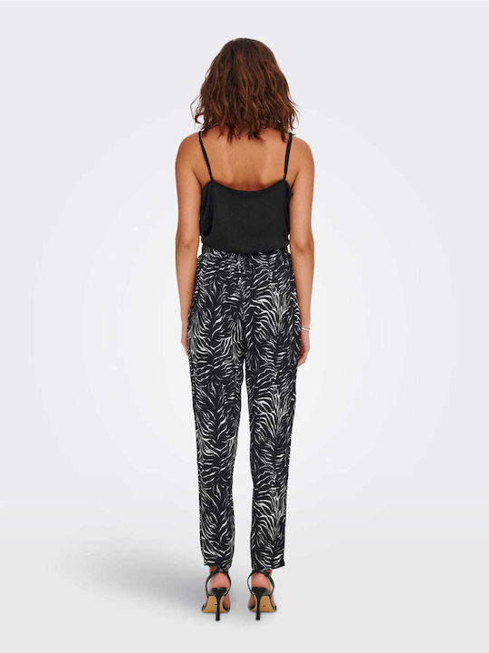 Only Women's High-waisted Fabric Trousers with Elastic in Regular Fit Leopard Black