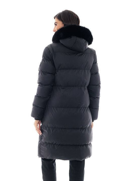 Biston Lung Jachetă de femei Puffer cu glugă de blană pentru iarnă Negru