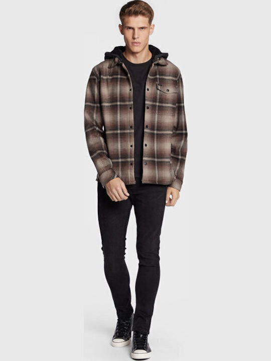 Furnace Long Sleeve Flannel Overshirt in Regular Fit Checked Brown