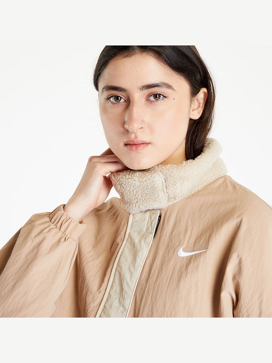 Sportswear Κοντό Γυναικείο Puffer Μπουφάν για Χειμώνα Μπεζ