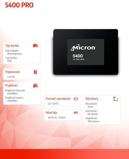 Micron 5400 Pro SSD 1.9TB τύπου 2.5'' με σύνδεση SATA III MTFDDAK1T9TGA-1BC1ZABYYR