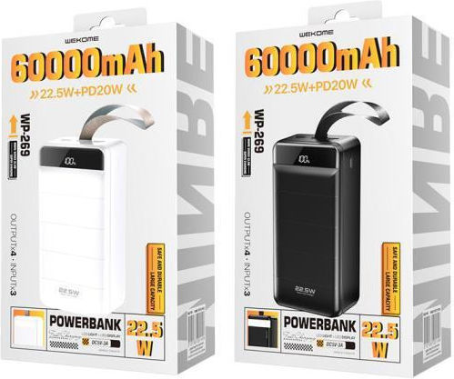 WK WP-269 Power Bank 60000mAh 22.5W με 3 Θύρες USB-A και Θύρα USB-C Power Delivery / Quick Charge 3.0 Minre White