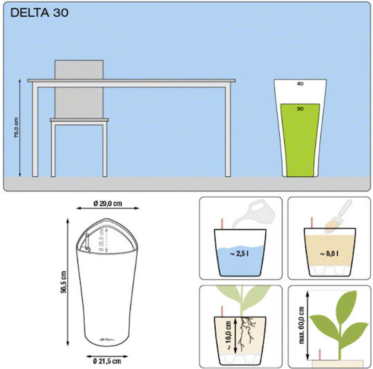 Lechuza Delta Self-watering Pot Plastic Charcoal Metallic 29x29x56.5cm.