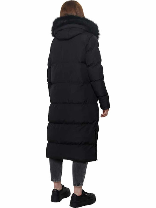 Women's Long Puffer Jacket for Winter with Detachable Hood Black