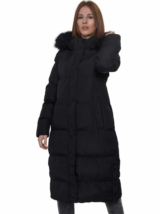 Women's Long Puffer Jacket for Winter with Detachable Hood Black
