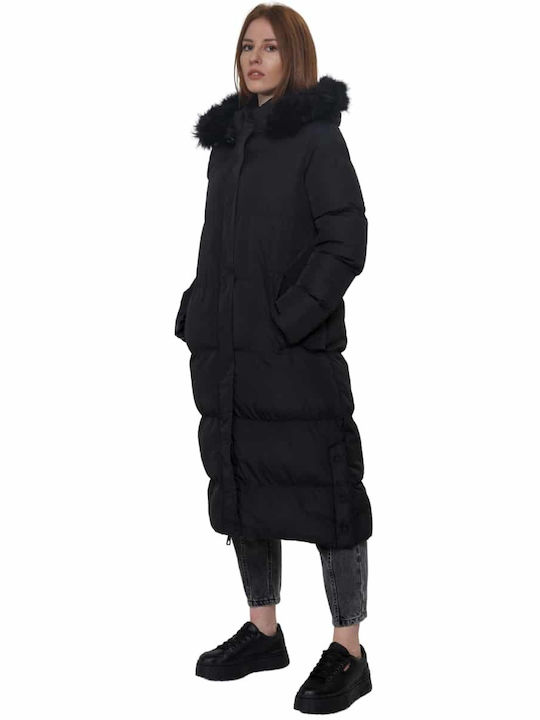 Splendid Lang Damen Puffer Jacke mit pelziger Kapuze für Winter Schwarz