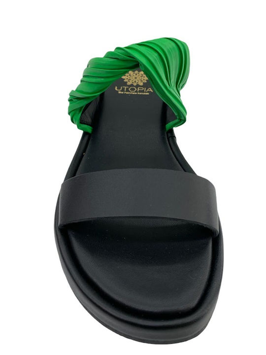 Leather Women's Flat Sandals in Green Color