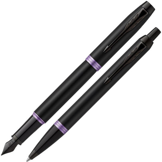 Parker IM Vibrant Rings Pen Set Ballpoint with Fountain Pen made of Steel Amethyst Purple in a case (in a paper cassette)
