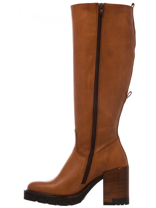 Leather High Heel Women's Boots with Zipper / Rubber Tabac Brown