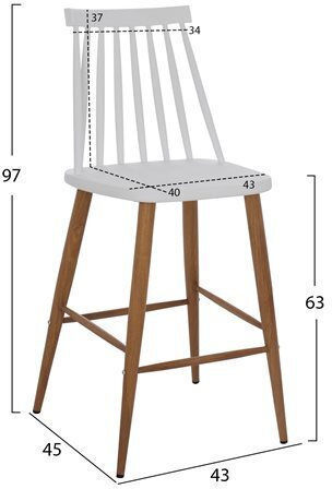 Hocker Bar mit Rückenlehne aus Polypropylen Vanessa White & Natural 2Stück 43x45x97cm