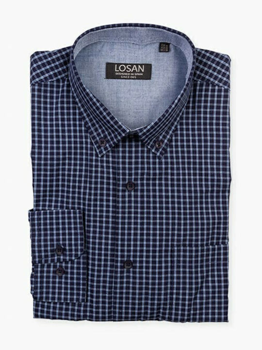 Long Sleeve Checked Shirt Navy Blue