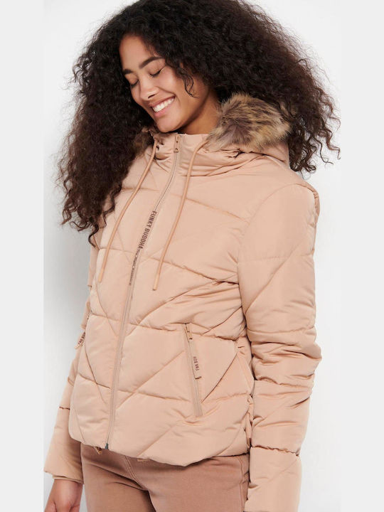 Kurz Damen Puffer Jacke mit pelziger Kapuze für Winter Beige