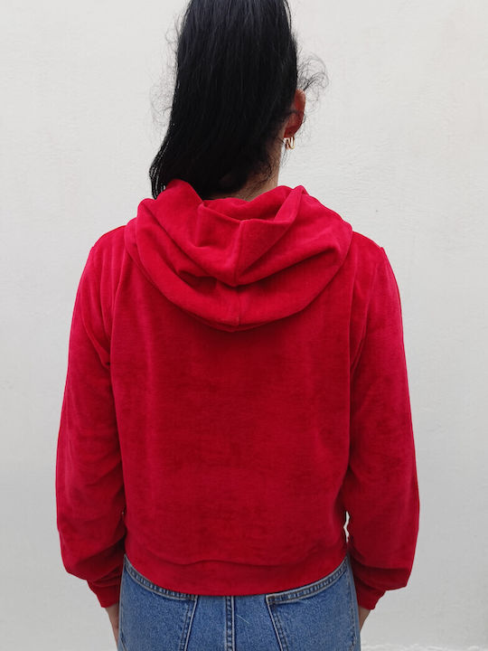 Cropped Women's Sweatshirt Velvet Hooded Red