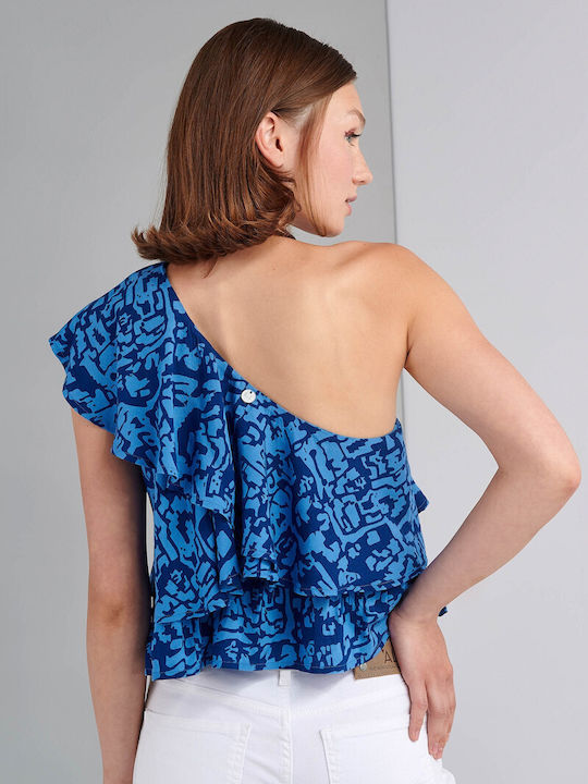 Ale - The Non Usual Casual Women's Summer Crop Top with One Shoulder Floral Blue