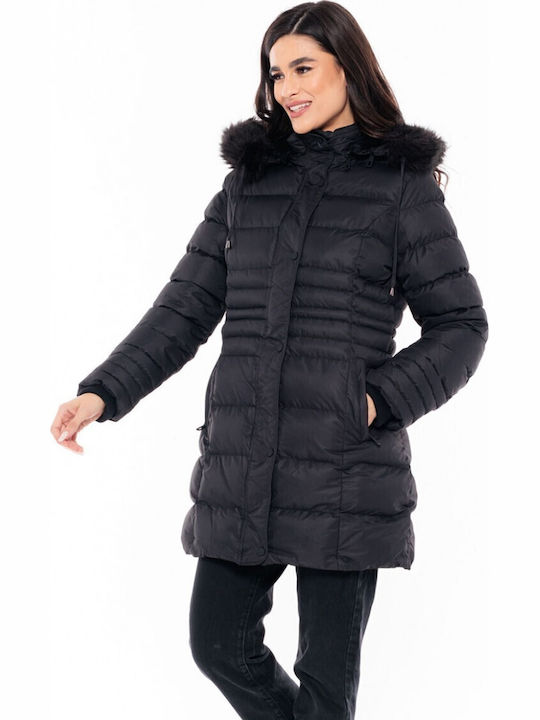 Women's Long Puffer Jacket for Winter with Detachable Hood Black
