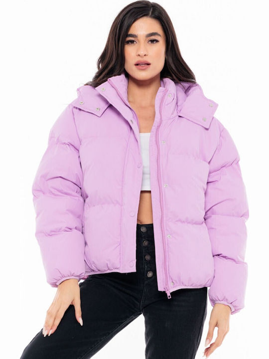 Women's Short Puffer Jacket for Winter with Hood Lilacc