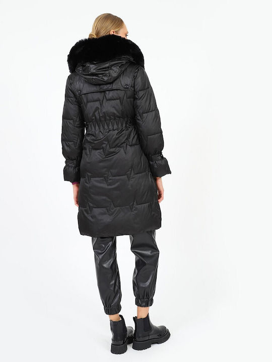 Doca Kurz Damen Puffer Jacke mit pelziger Kapuze für Winter Schwarz