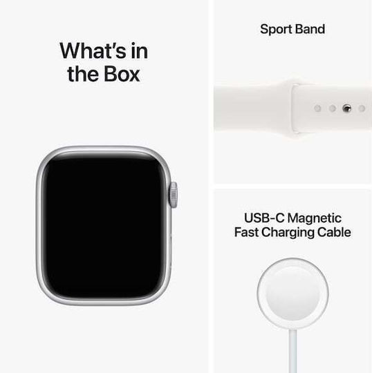 Apple Watch Series 8 Aluminium 45mm Waterproof with Heart Rate Monitor (Silver with White Sport Band)