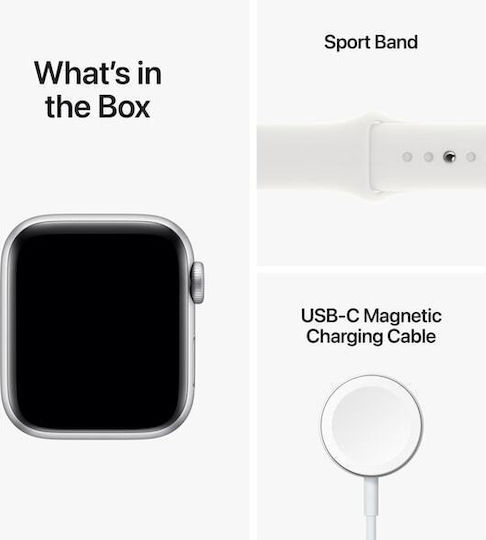 Apple Watch SE 2022 Алуминий 40мм Водоустойчив с Пулсомер (Сребро с бяла спортна лента)