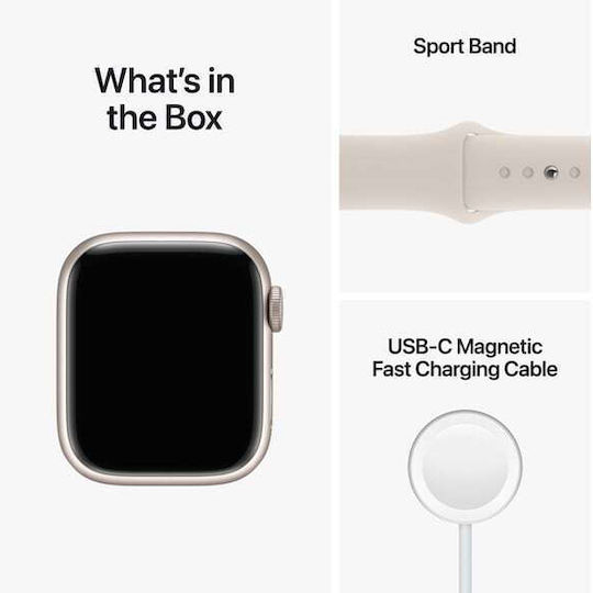 Apple Watch Series 8 Aluminium 45mm Waterproof with Heart Rate Monitor (Starlight with Starlight Sport Band)