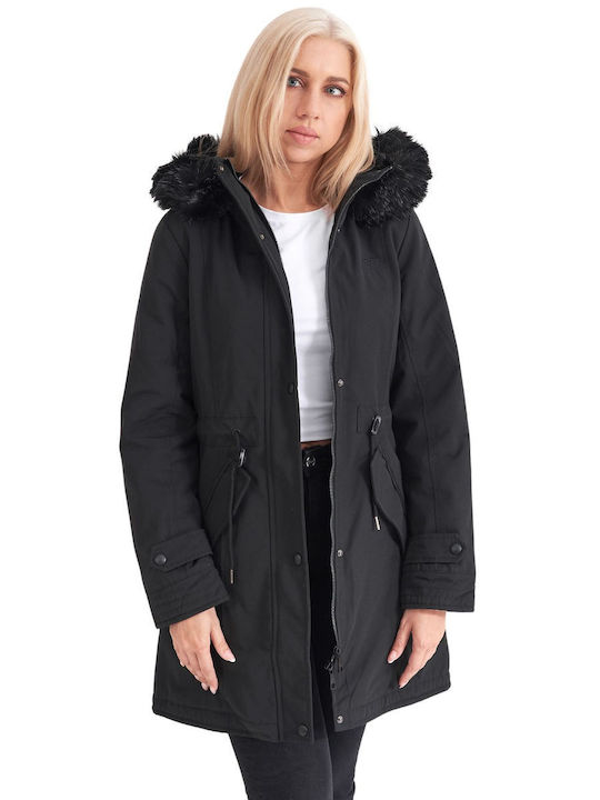 Women's Long Parka Jacket Waterproof and Windproof for Winter with Detachable Hood Black