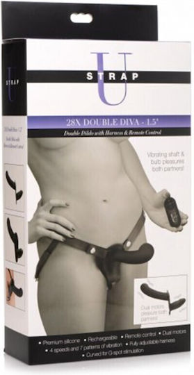 Strap U 28X Double Diva Gurtzeug mit Doppelter Dildo und Vibration in Schwarz Farbe