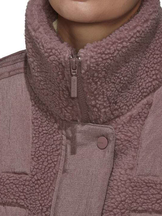 Elongated Polar Fleece Sherpa Women's Pink Coat with Buttons
