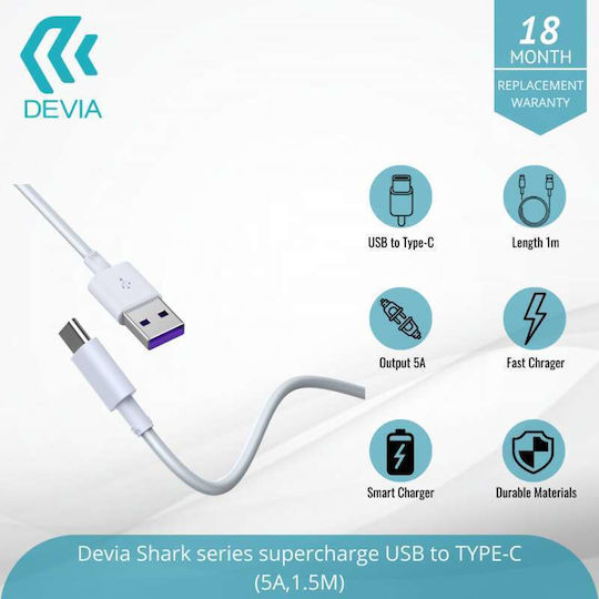 Devia Shark Series USB 2.0 Cable USB-C male - USB-A 25W Λευκό 1.5m DVCB-344602