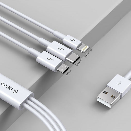 Devia Regular USB to Lightning / Type-C / micro USB Cable Λευκό 1.2m DVCB-329975